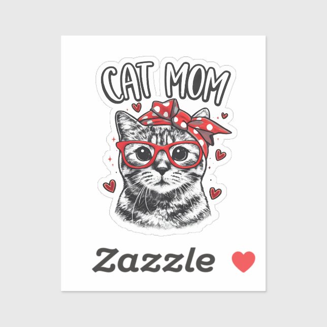 Adesivo Funny Cat Mom with Glasses & Bandana Cute Cat  (Folha)