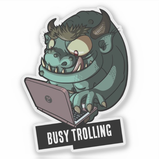 Adesivo Funny Green Troll Busy Trolling On Laptop Cartoon (Frente)