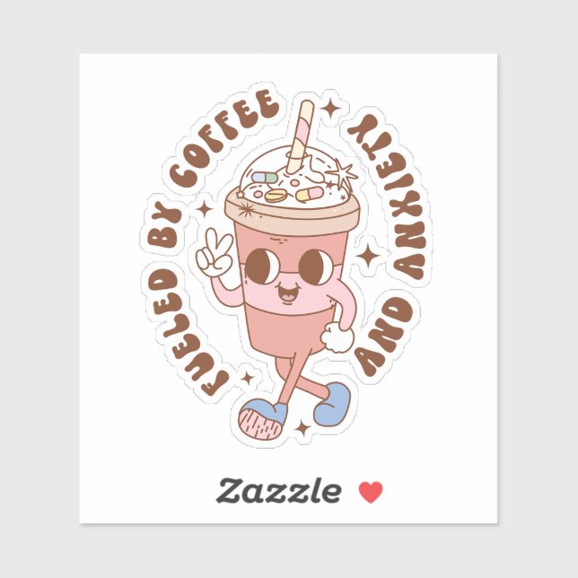 Adesivo Funny Retro Alimentado por Café e Ansiedade (Folha)