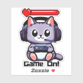 Adesivo Game On Gamer Cat Com Bar De Saúde