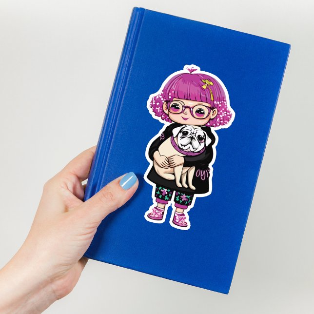 Adesivo Garota Adorável Abraçando um Pug (Criador carregado)