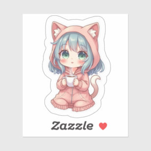 Adesivo Garota Anime Kawaii Aconchegante com Capuz de Gato