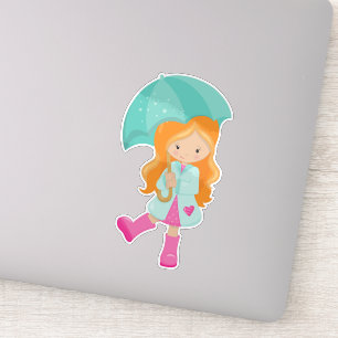 Adesivo Garota Com Guarda-Chuva, Garota Em Casaco De Chuva