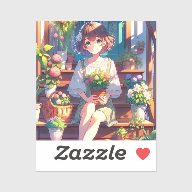 Adesivo Garota de Animação Bonita segurando uma Planta (Folha)