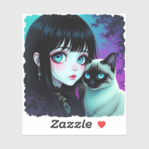 Adesivo Garota de Anime e Gato Siames 