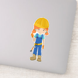 Adesivo Garota de Construção, Cabelo Laranja, Garota Bonit