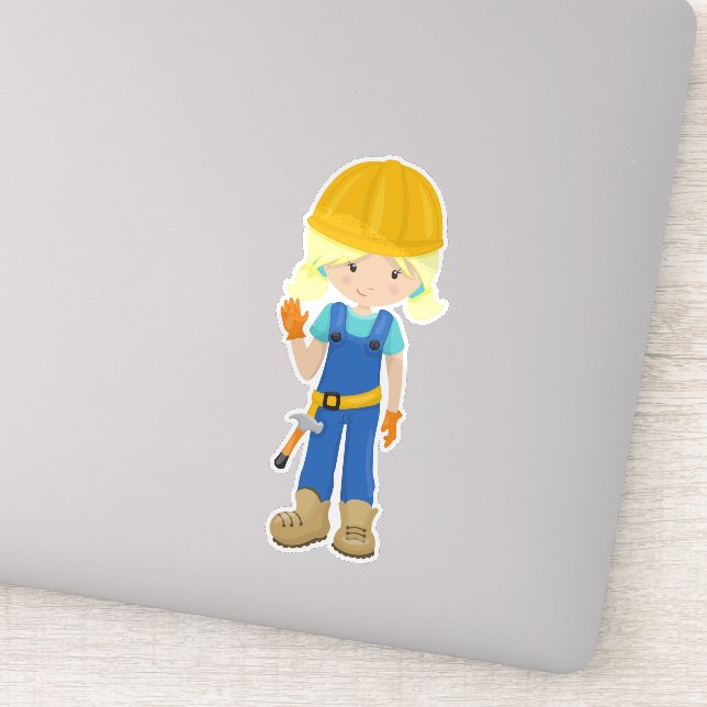 Adesivo Garota de Construção, Cabelo Louro, Garota Bonita, (Detalhe)