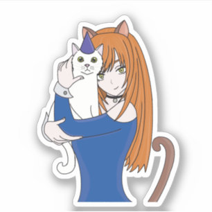 Adesivo Garota de Manga e Gato de Anime
