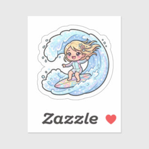 Adesivo Garota de Surfe Kawaii Fofo Onda do Oceano Praia d