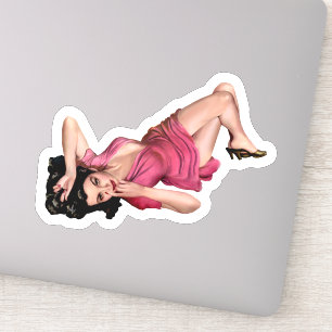 Adesivo Garota Morena em Vestido Rosa Arte Vintage Pin-up
