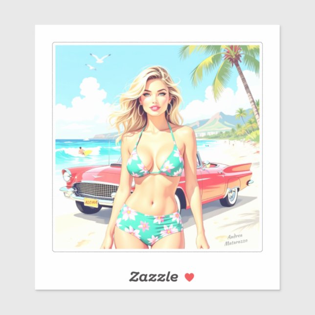 Adesivo Garota na praia com um carro clássico (Folha)