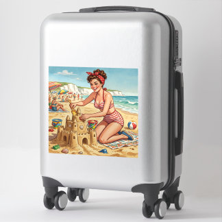 Adesivo Garota Pin Up Vintage Construindo Castelo de Areia