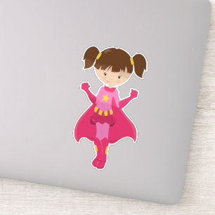 Adesivo Garota Super-Herói, Cabelo Marrom, Cabo Rosa, Garo