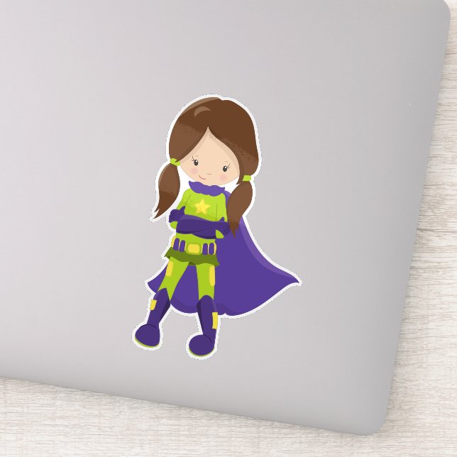 Adesivo Garota Super-Herói, Garota Bonita, Cabelo Marrom,  (Detalhe)