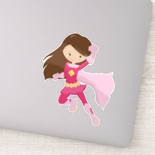 Adesivo Garota Super-Herói, Garota Bonita, Cabelo Marrom,
