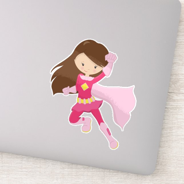 Adesivo Garota Super-Herói, Garota Bonita, Cabelo Marrom,  (Detalhe)