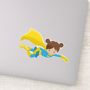 Adesivo Garota Super-Herói, Garota Bonita, Cabelo Marrom,