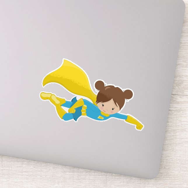 Adesivo Garota Super-Herói, Garota Bonita, Cabelo Marrom,  (Detalhe)