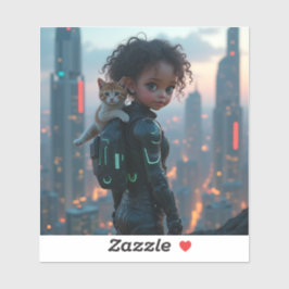 Adesivo garotinha americana africana com gatinho