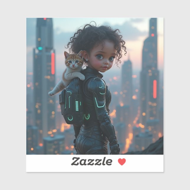 Adesivo garotinha americana africana com gatinho (Folha)