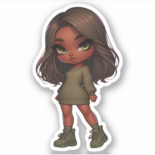 Adesivo gata de chibi em verde-oliva (Frente)