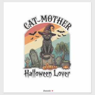 Adesivo Gata Mãe Amante do Halloween Chapéu de Bruxa Preta