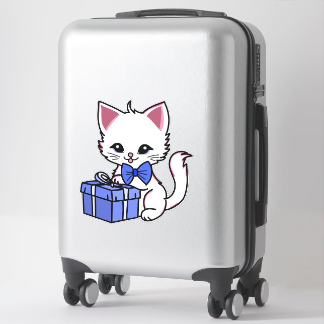 Adesivo Gatinho Branco Fofo com Presente Azul (Mala)