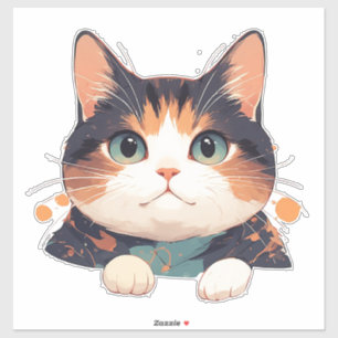 Adesivo Gatinho Calico Alegre Com Grandes Olhos Verdes