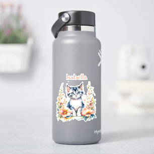 Adesivo Gatinho Cinza Personalizado em Flores Rosa