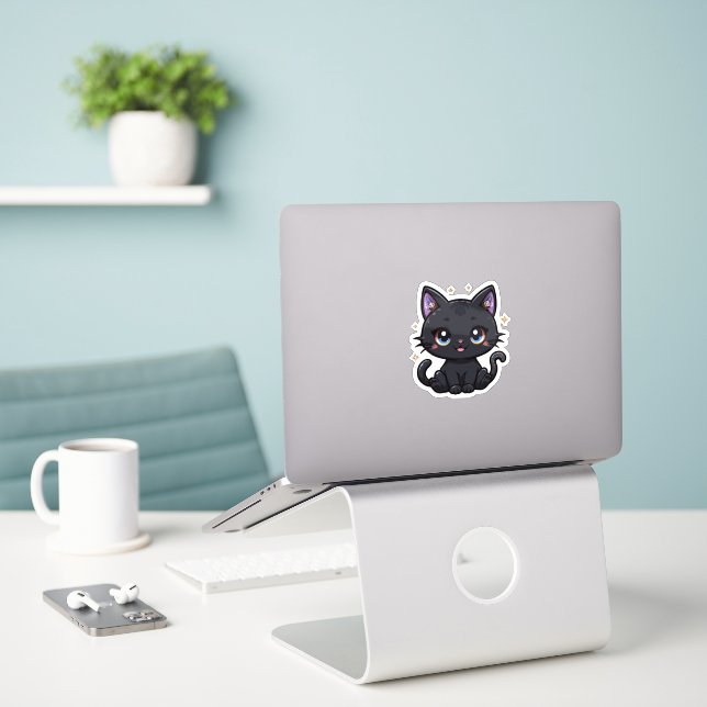 Adesivo Gatinho de Testemunha de Vinyl Kawaii Black Galaxy (Laptop na mesa)