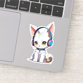 Adesivo Gatinho Kawaii com Fones de Ouvido Elegantes