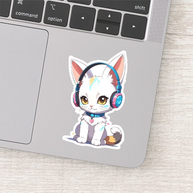 Adesivo Gatinho Kawaii com Fones de Ouvido Elegantes (Detalhe)