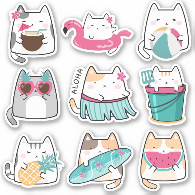 Adesivo Gatinho Kawaii Summer Hawaii vinil Stickers (Frente)