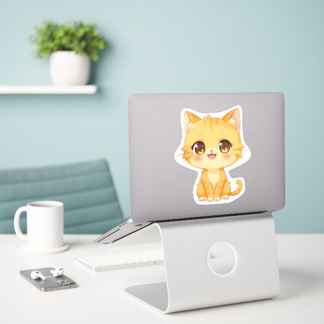 Adesivo Gatinho Laranja Cento (Laptop na mesa)