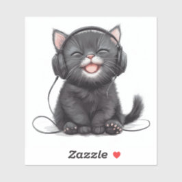 Adesivo Gatinho Preto Pronto para Festas com Fones de ouvi