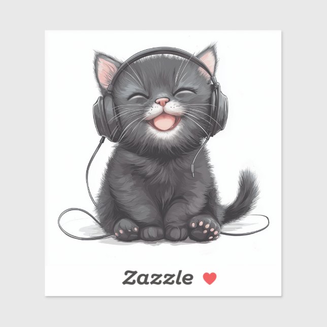 Adesivo Gatinho Preto Pronto para Festas com Fones de ouvi (Folha)