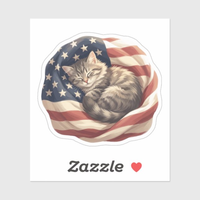 Adesivo Gato Adormecido Pacífico Envolto na Bandeira Ameri (Folha)