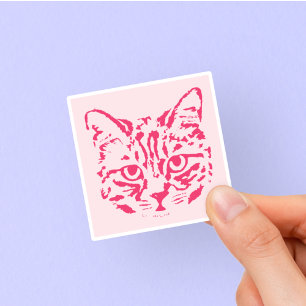Adesivo Gato Atigrado Fofo Quadrado Rosa e Vermelho