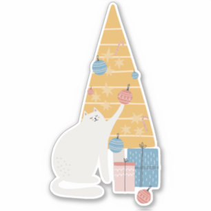 Adesivo Gato branco brinca com enfeites árvore de Natal