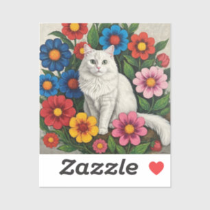 Adesivo Gato Branco Fofinho e Flores da Arte Popular
