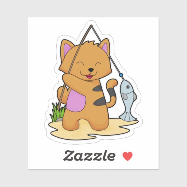 Adesivo Gato como pescador com cana de pesca e peixe (Folha)