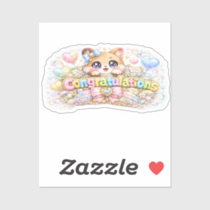 Adesivo Gato Congratulações Kawaii Fofo Rosa Pastel Floral