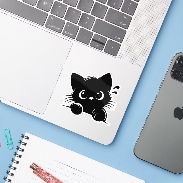 Adesivo Gato Curioso Personalizado  (Notebook com iPhone)