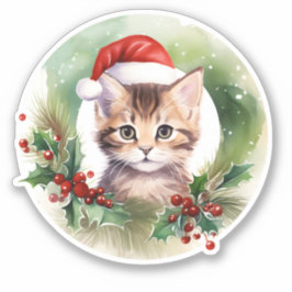 Adesivo Gato De Aquarela Com Holly Berry Wreath