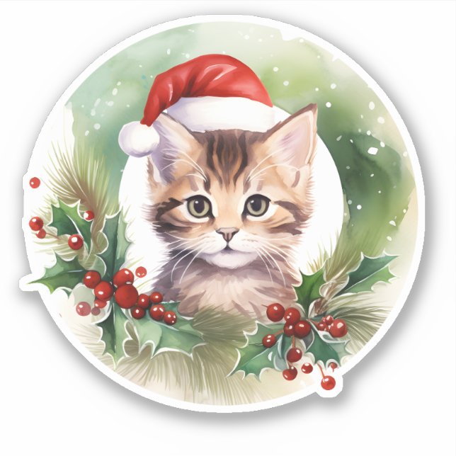 Adesivo Gato De Aquarela Com Holly Berry Wreath (Frente)
