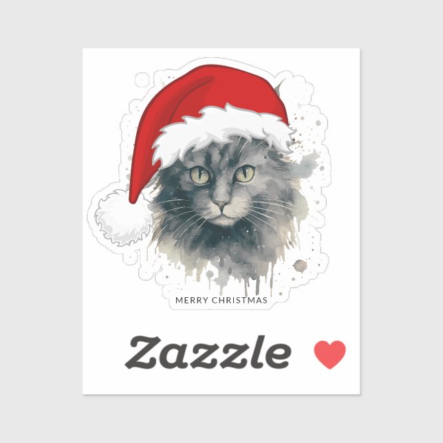 Adesivo Gato De Aquarela Em Um Papai Noel Feliz Natal (Folha)