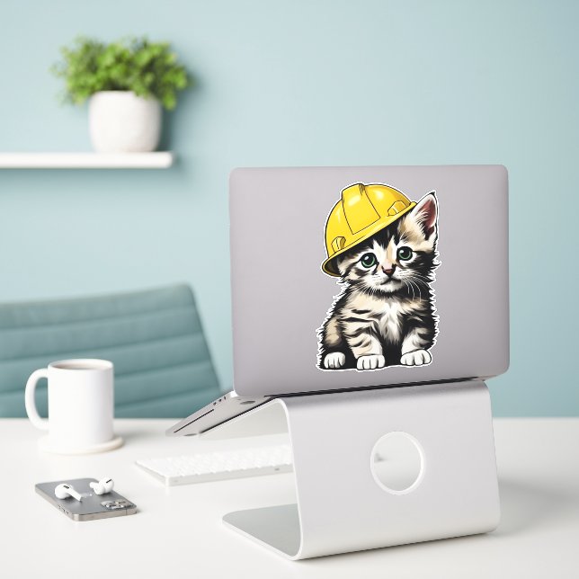 Adesivo Gato de Construção (Laptop na mesa)