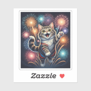 Adesivo Gato de Fireworks - Vinheta do Dia de Independênci