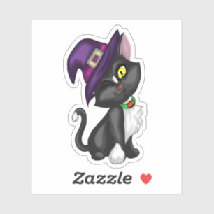 Adesivo Gato de Halloween bonito com chapéu
