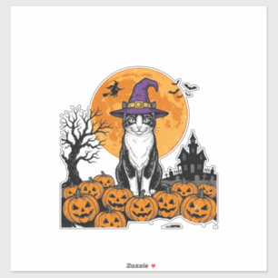 Adesivo Gato de Halloween Bruxa Abóbora Vintage Assustador